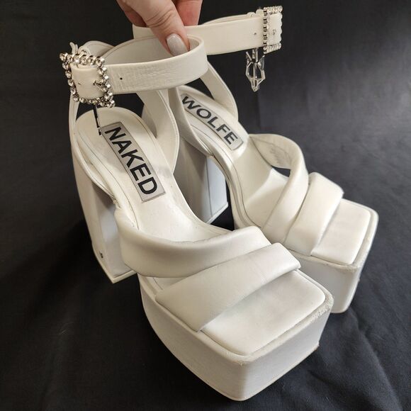 ♡ Naked Wolfe ♡ Jingle Platform Strappy Heels in White - Picture 1 of 11